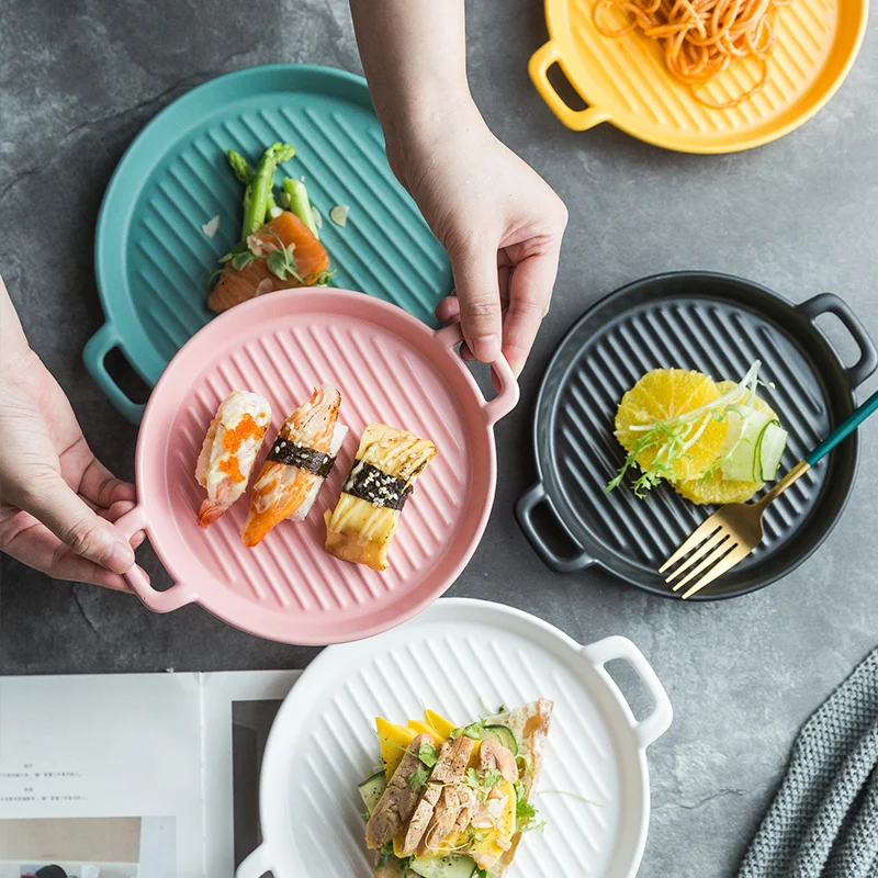 From China Steak Pasta Dessert Serving Dishes Ceramic Pizza Baking Dish Bread Flat-bottomed Ceramic Dish Plate