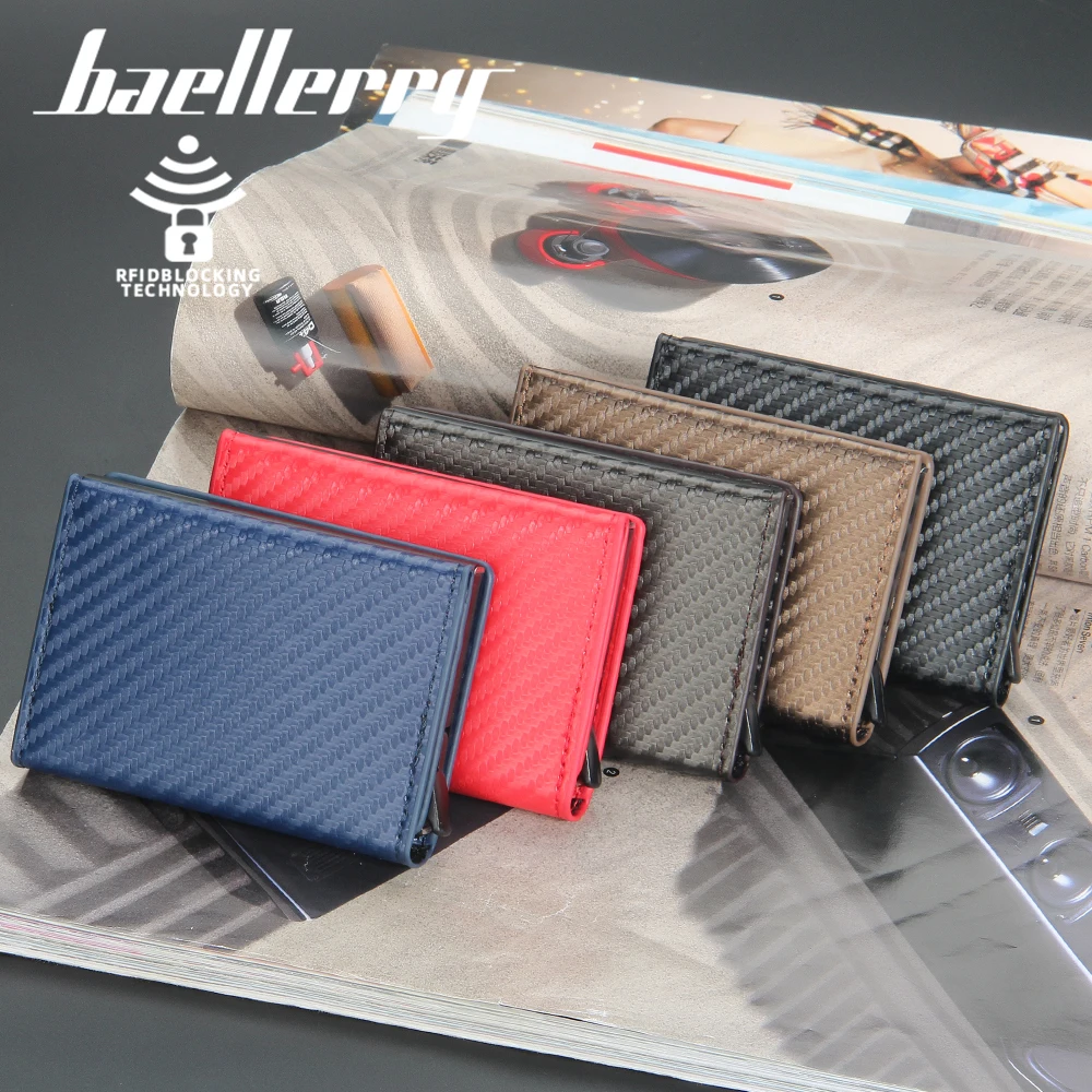 Baellerry Short PU Leather Wallet RFID Protected Card Business Carbon fiber pattern Automatic cartridge type Wallet For Men