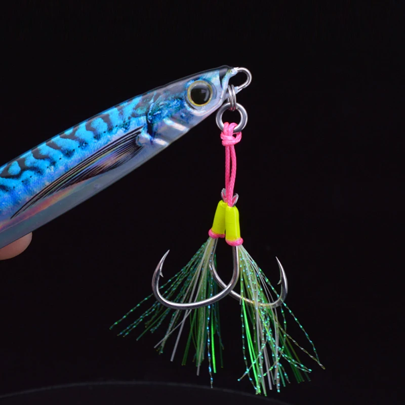 JIGGINGSOUL-AIH01-1pcs bulk Double Assist Hook 1# 1/0 2/0 3/0 4/0 High Carbon Steel Double Hook With luminous silk epoxy