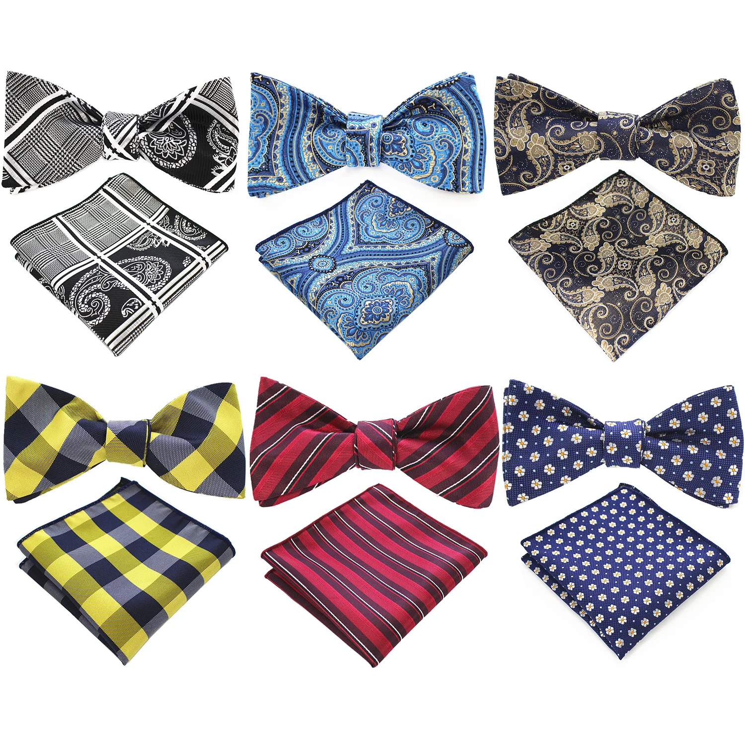 Mens Luxury Bowtie Set with Pocket Square Jacquard Blue Red Green Bowtie Wedding Party Meeting