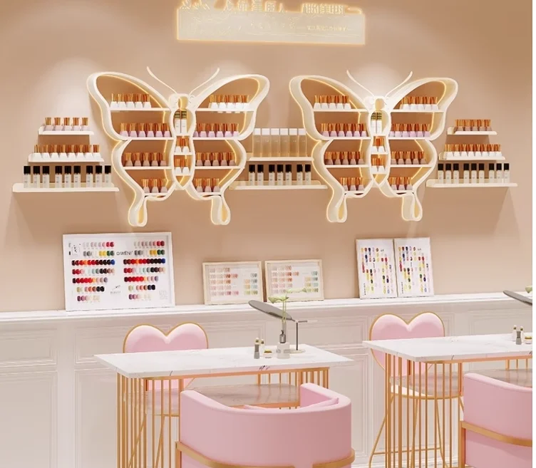 Salon Furniture Wrought Iron butterfly-shaped Manicure Shelf Wall Hanging Nano Gold Wall Rack Nail Polish Display Stand