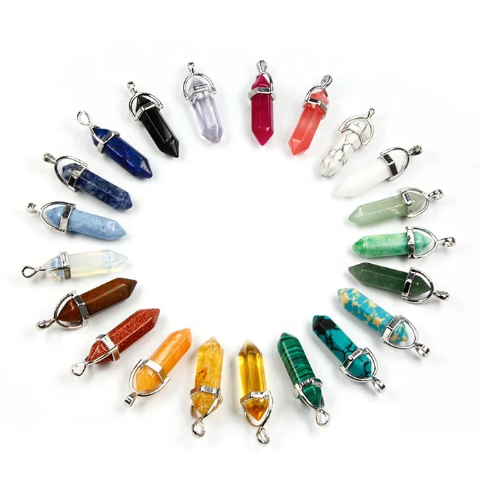 Hexagonal Chakra Pendant Bullet Crystal Pendant Gem Pointed Quartz Stone Pendant with Storage Bag