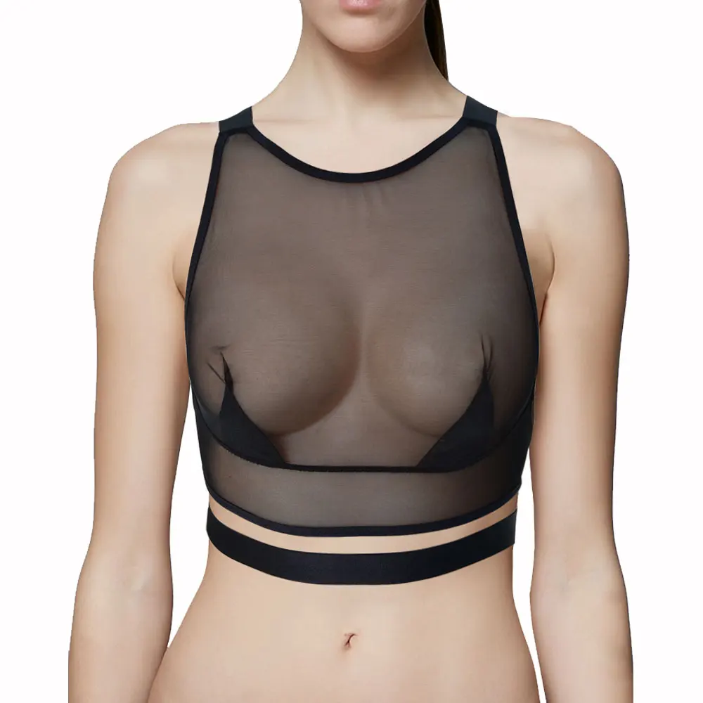HOT Women Transparent Sexy Bra Mesh Ladies Sexy Nude Lingerie Bra Cross Back Long-line Top Wireless Soft Cup Underwear