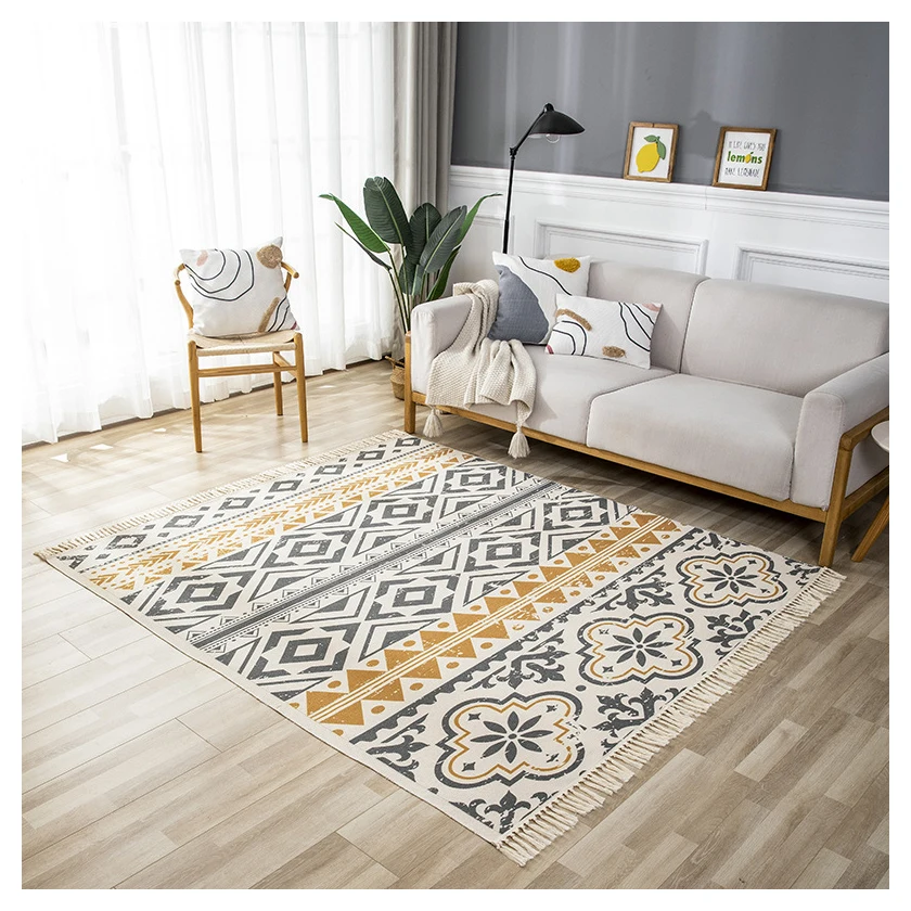 Custom big wholesale boho tassel area geometric cotton polyester floor decorative carpet and rugs for living room home decor