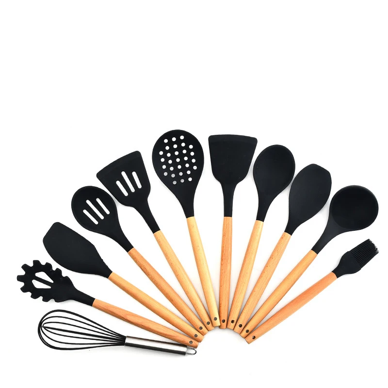 
New Design Silicone Kitchen Accessories Handle Modern Cooking Tools Household Kitchen Utensils Set with Wood Grain Plastic 