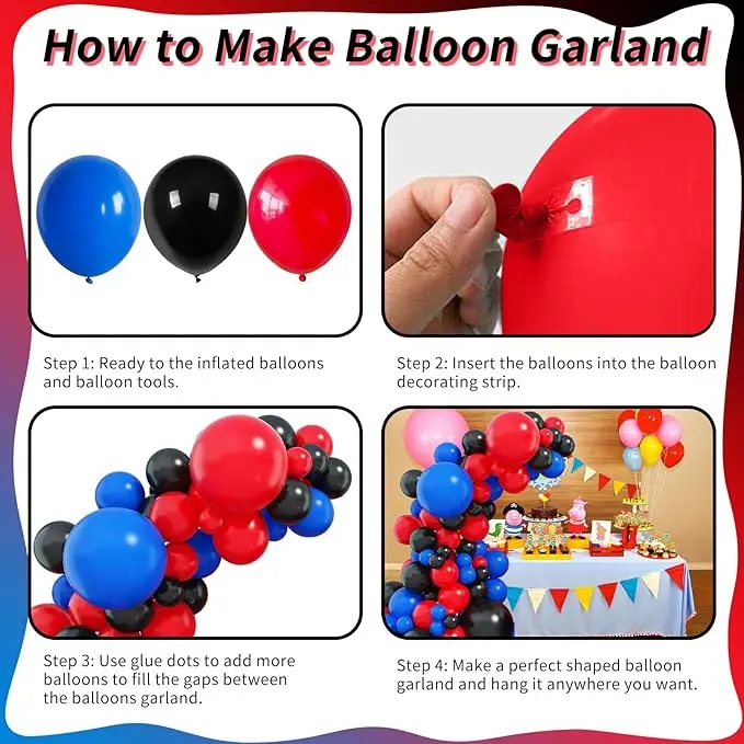 Red Blue Black Balloon Arch Garland Kit101 Pcs Matte Red Black and Royal Blue Latex Balloon for Super Spider Hero Party