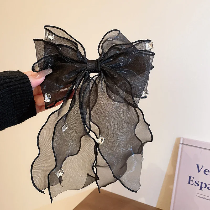 Newest Design Fashion Mesh Large Bow Diamond Ribbon Metal Word Clip Back Head Spring Hair Claw Clips For Women