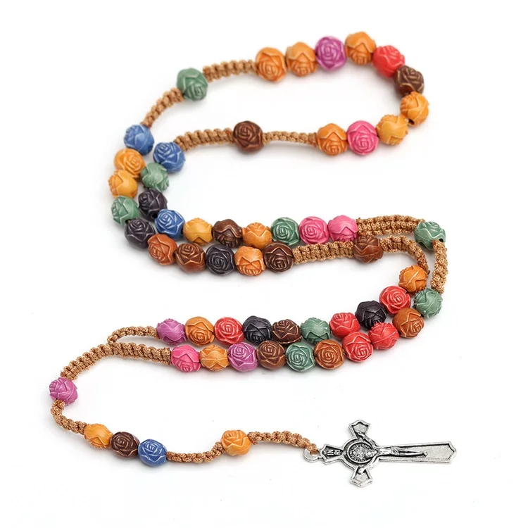 Rose Rosary Beads Islamic Muslim Jesus Christian Women Jewelry Decorations Gift Cross Pendant Plastic Prayer Beads Necklace