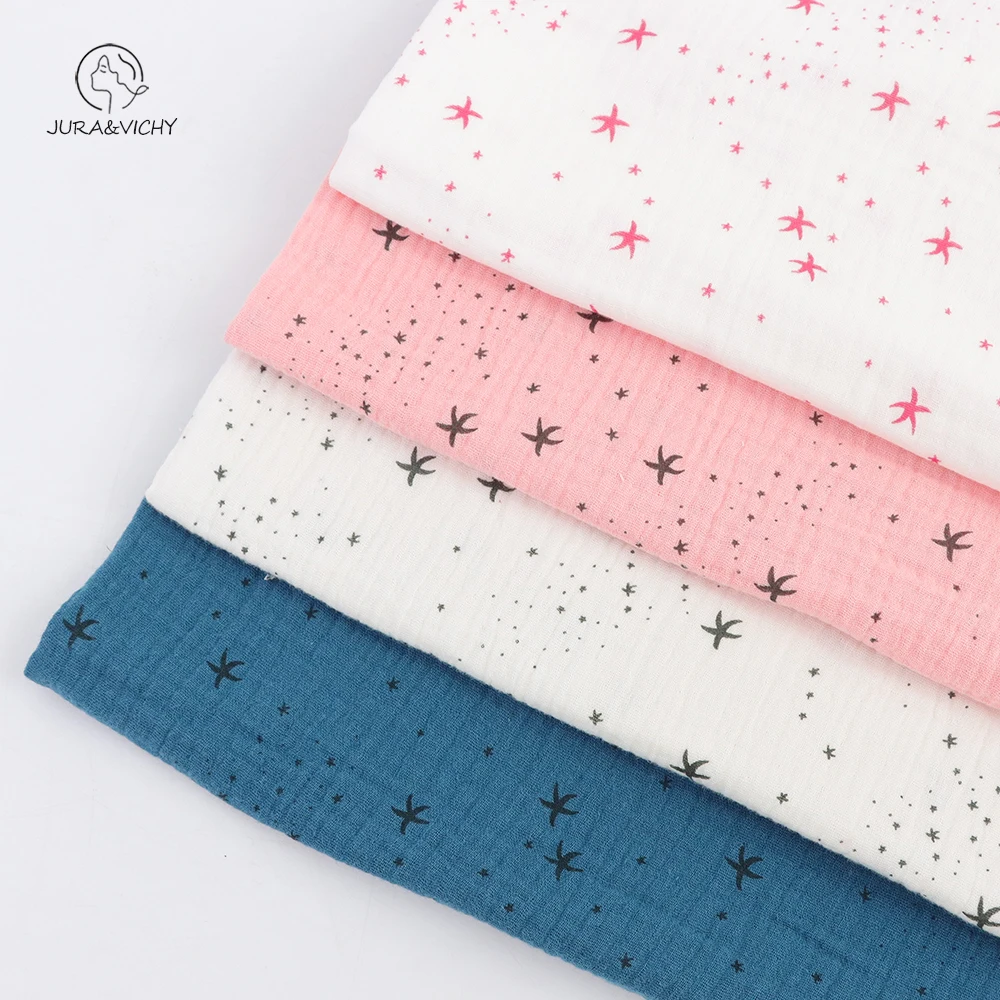 2023 factory wholesale custom designs star print 100% Cotton Double Gauze muslin crinkle print fabric for garments and swaddles