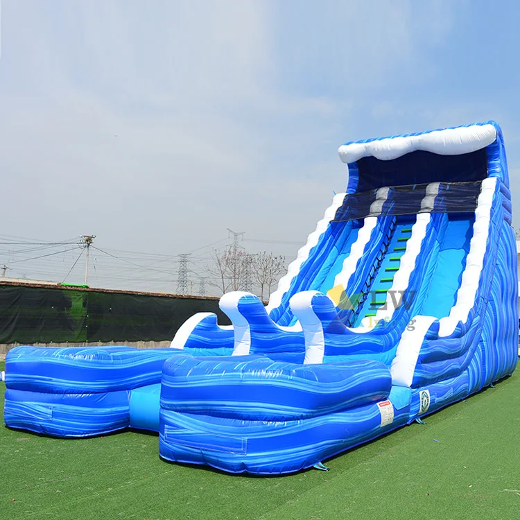 Outdoor commercial large blue wave inflatable water slide dual lane water slide with pool for sale