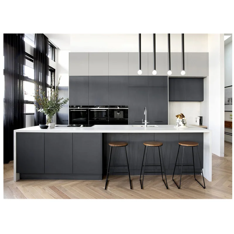 Latest Design Kitchen Furniture Modern Matte Black Lacquer Custom Joinery Island Kitchen Cabinets