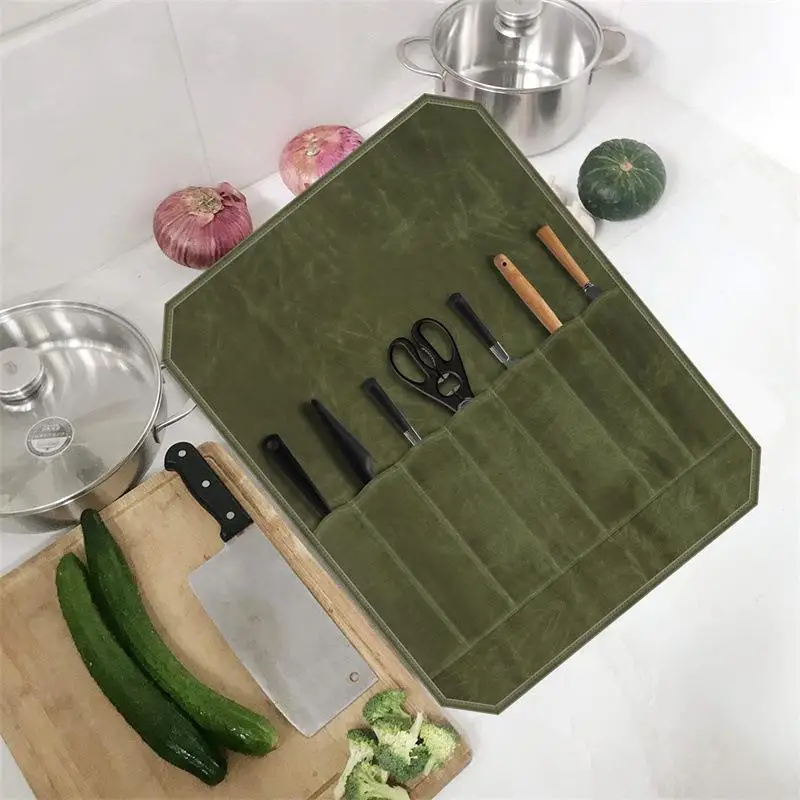 Knife Roll Bag Chef Knife Roll Case Waxed Canvas Cutlery Knives Holders Protectors Home Kitchen Cooking Tool Utensils Wrap Bag