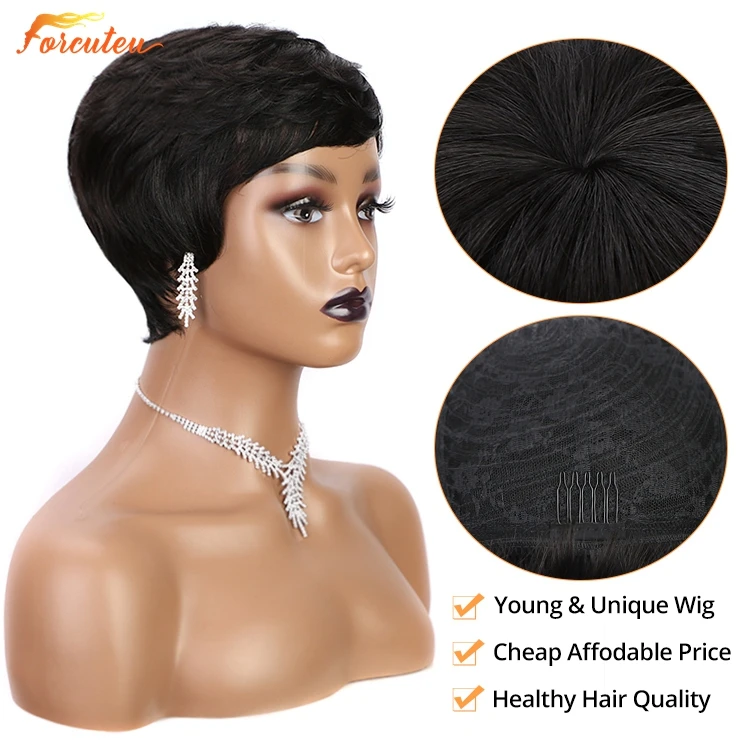 Forcuteu Wholesale Perruque Raw Indian Brazilian Cuticle Aligned Virgin Pixie Cut Short Bangs Machine Made Human Hair Wig