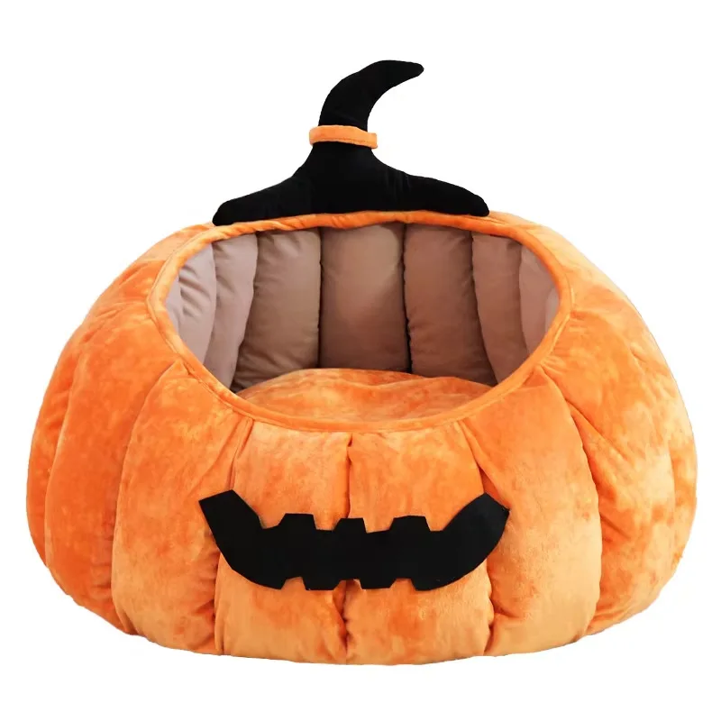 2024 Hot Sale Carton Halloween Pumpkin Nest Cat Dog Nest Waterproof Winter Warm Kennel Plush Pet Bed