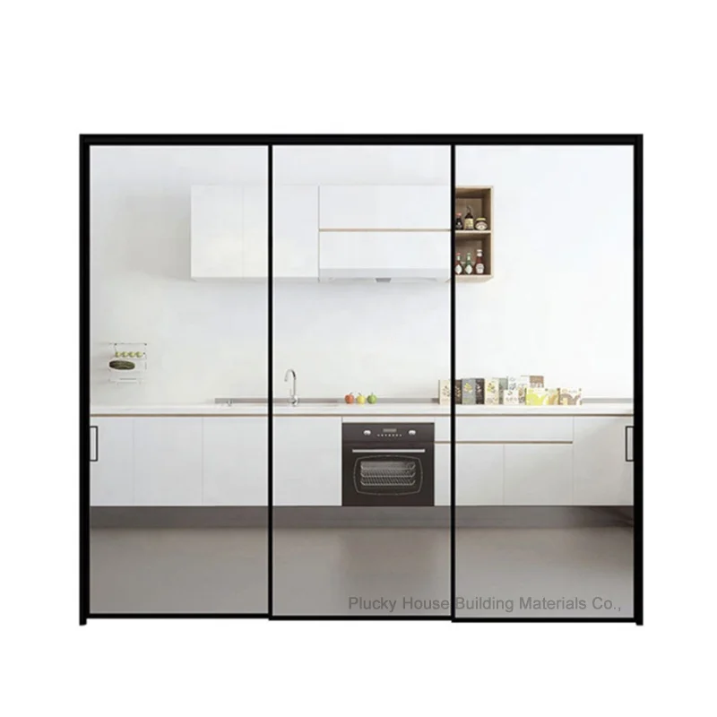 Modern black slim frame aluminum interior sliding glass door