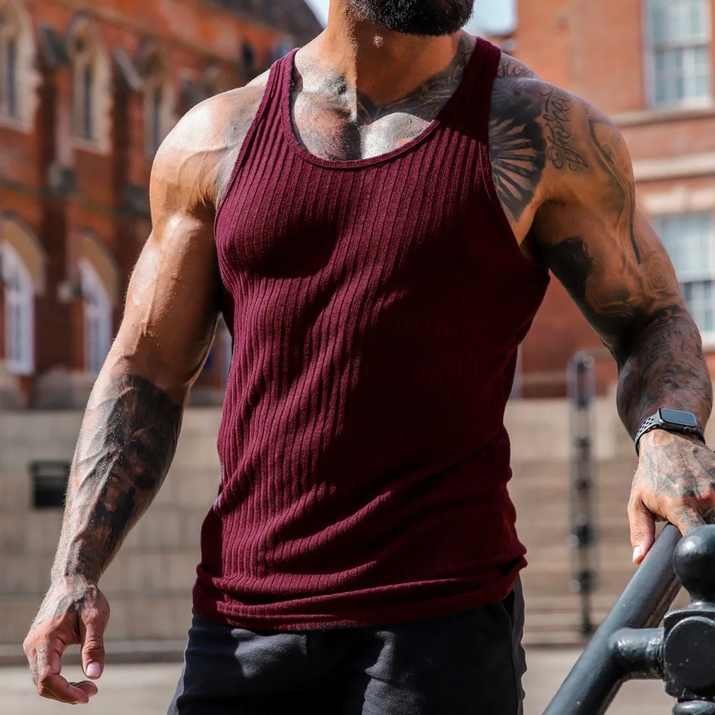 Summer Streetwear Custom Printed High Quality Sustainable Quare Collar Muscle Fit Ribbed Tank Top For Men