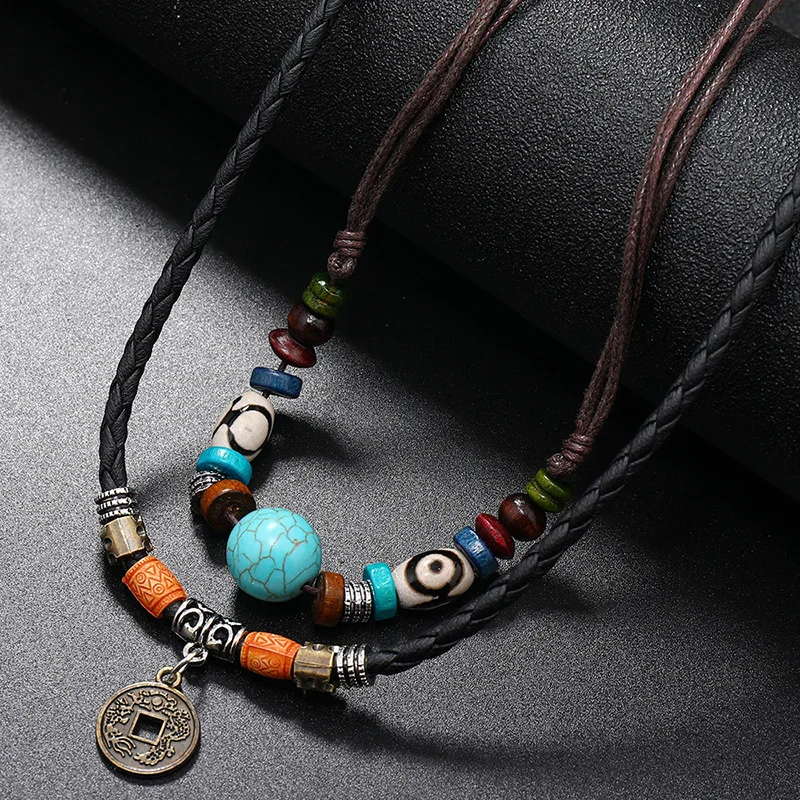 Hot Selling Custom Personalized Turquoise Beaded Vintage Multi Layered Braided Leather Chain Men Necklace