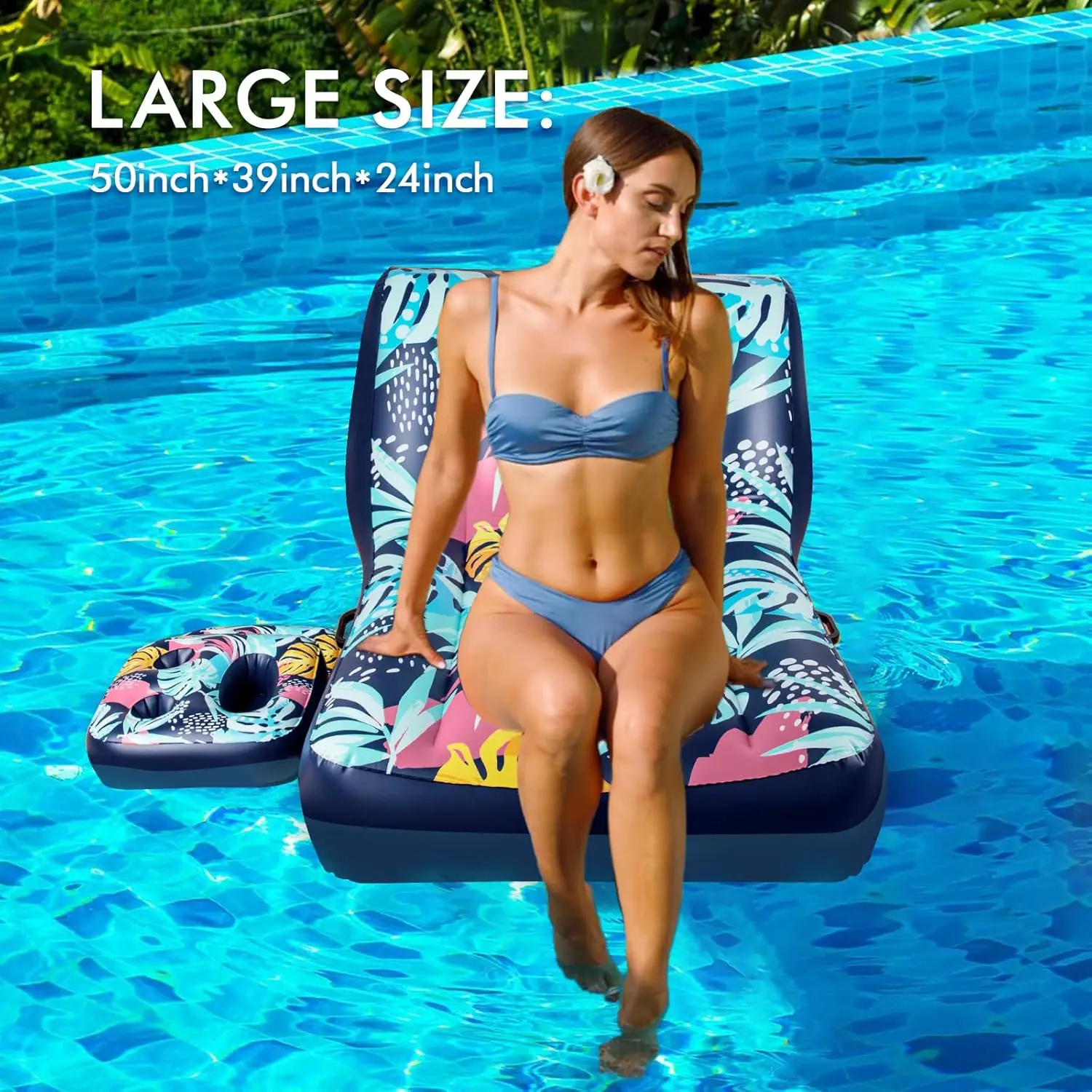 Pool Float Lounger, Inflatable Floating Chair with Cupholder Caddy, Heavy Duty Floaties Toys Adult Size for Pool, River