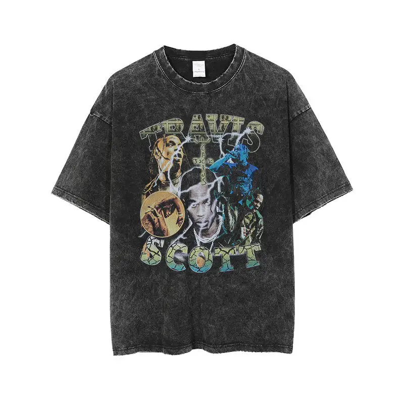 Wholesale Custom Logo Graphic Tees Oversized Tshirts Vintage Printed Mens Silk Screen Printing Distressed Acid Wash Men Black