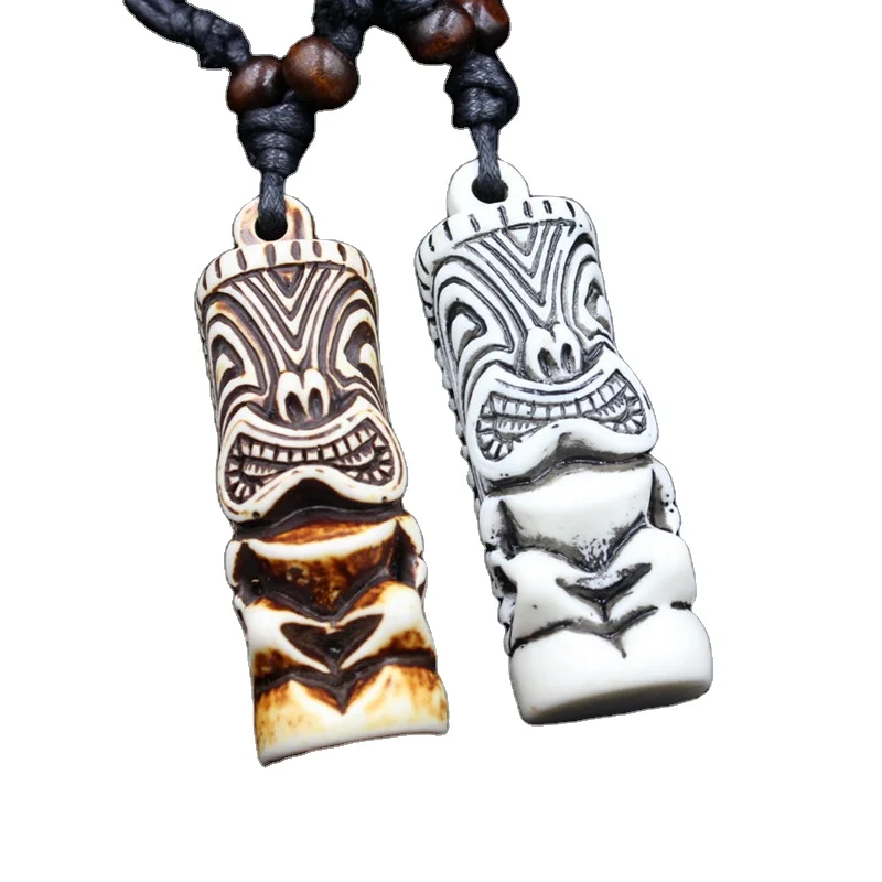 Wholesale Resin Carved Tiki Man Totem Necklaces New Zealand Maori Tiki Totem Amulet Pendant Necklace Jewelry