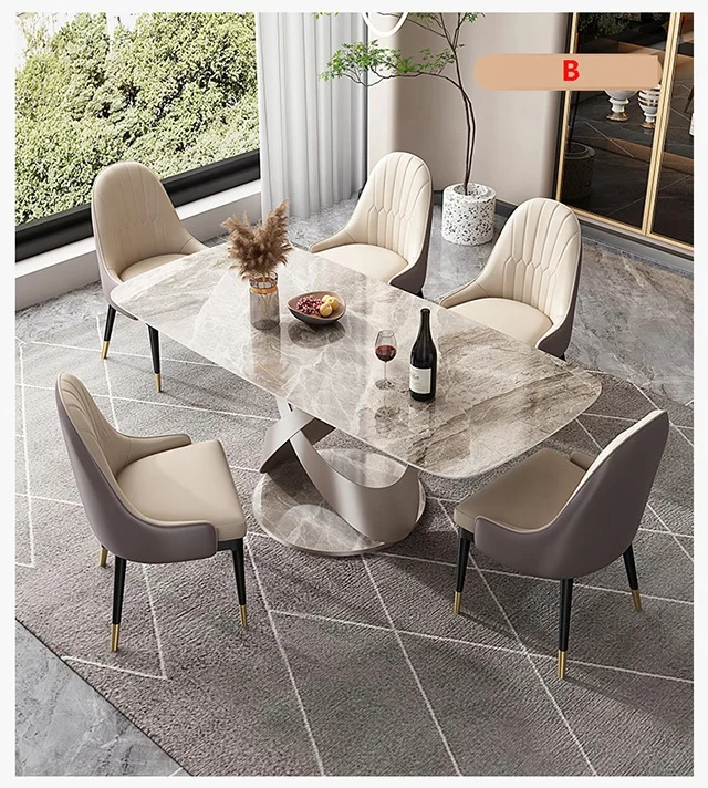 Foshan Factory direct sale modern Rock table restaurant rectangle marble stone dining table and chair set for villa home