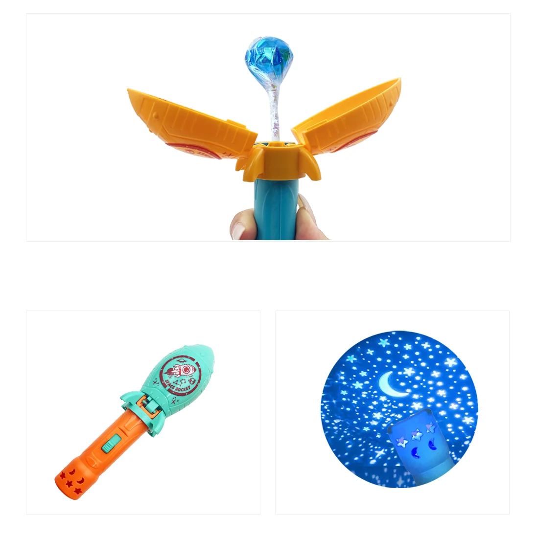 Novelty Cartoon Space Rocket Glow Stick Candy Toy Promotional Kids Gift Plastic Lollipop Toy Candy
