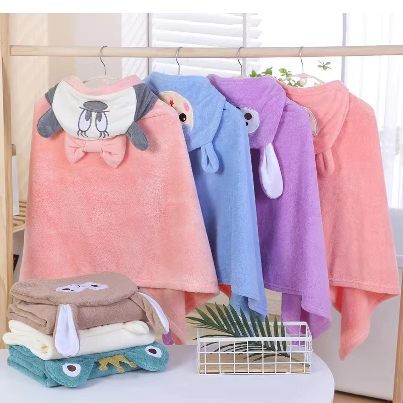 Baby bath towel Flannel fleece cartoon animal head baby hooded poncho towel