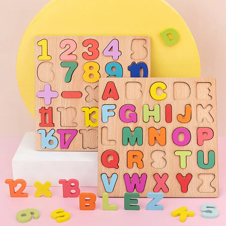 Wooden Alphabet Number Cognitive Geometric Shapes Spelling Building Blocks