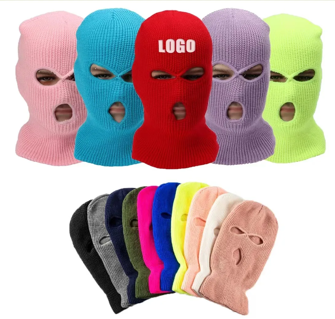 adult Breathable warm Winter Knitted Beanie Hat  Custom Logo Full Face Cover 3 Hole helmet motorcycle  Balaclava Ski Mask