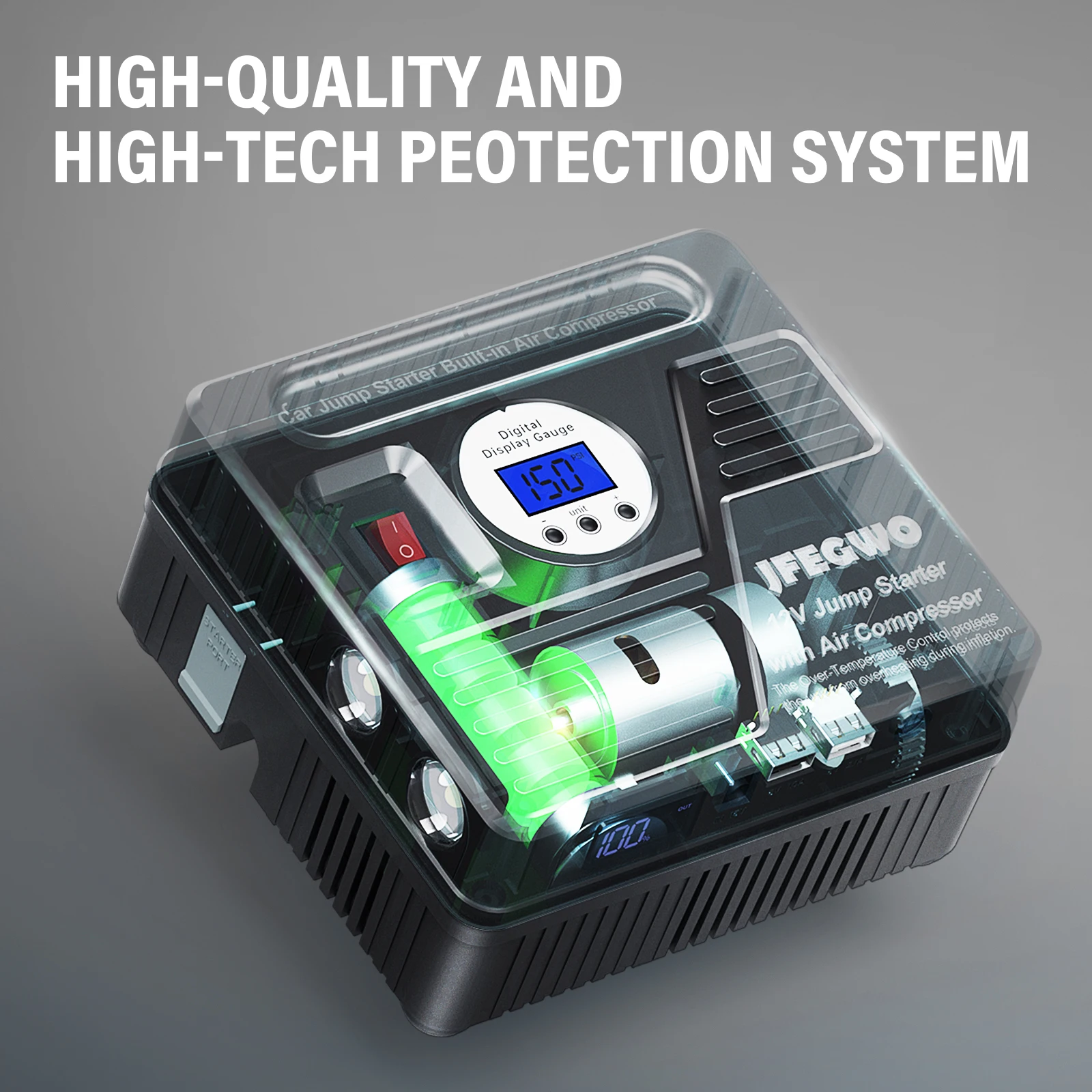 24000mAh Ultra Pro Car Portable 3000A Jump Starter Power Bank with 150PSI Air Pump & Digital Display for Tire Inflator