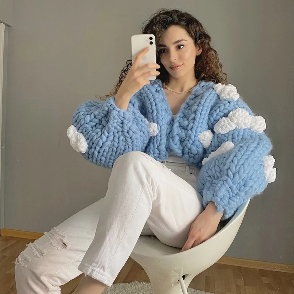 VSCOO hand knit 3D cloud plus size chunky sweater handmade oversize knitted sweater cropped cardigan women sweater