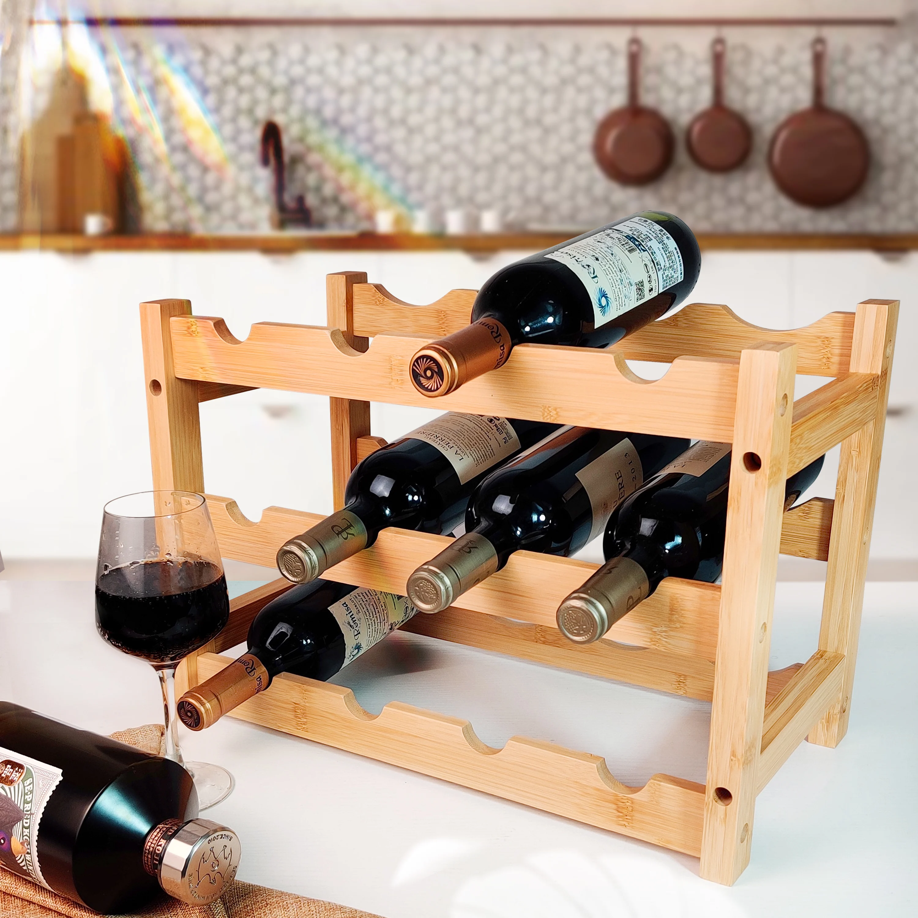 Modern Bamboo Sublimation Wooden Wine Glass Bottle Holder 3 Layers Wine Display Rack For Wine Champagne Storage
