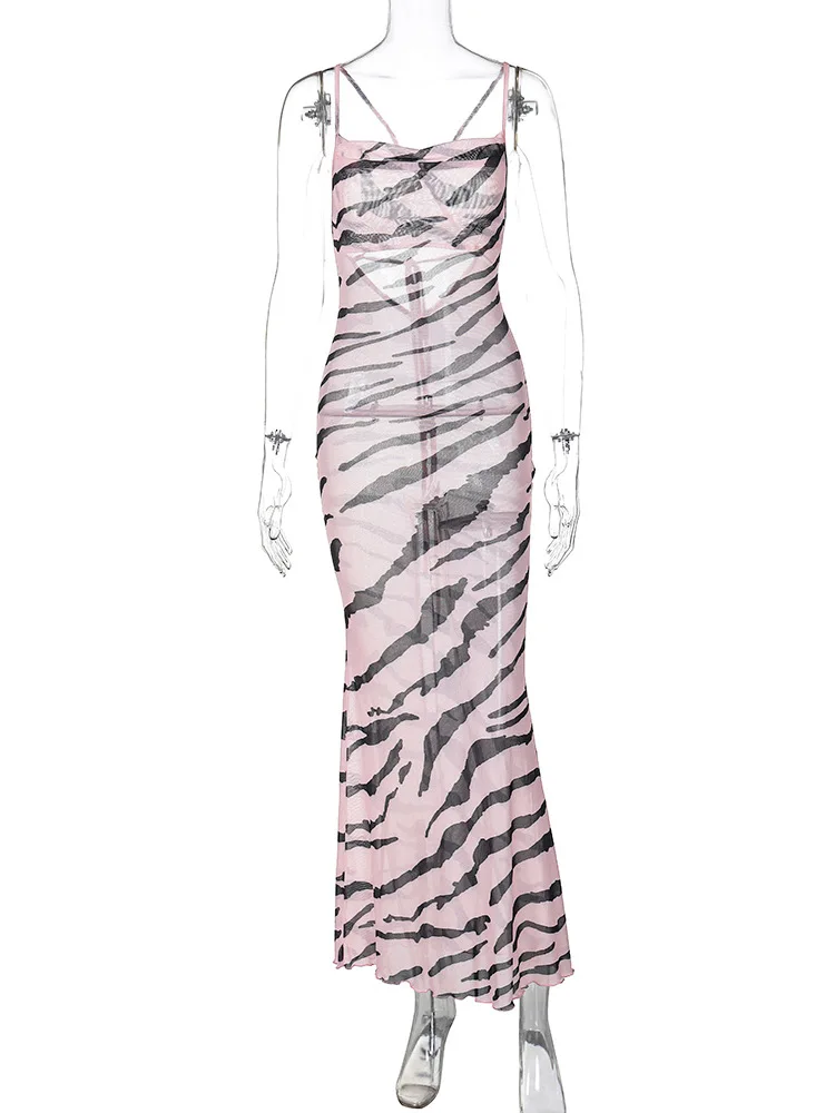 Summer Spaghetti Strap Lace Up Backless Pink Zebra Print Long Dress For Women See Through Mesh Beach Bodycon Maxi Dress