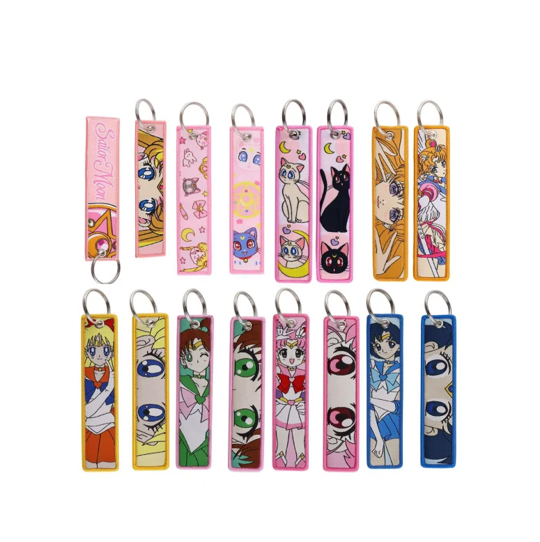 Factory Price in Stock Hot New 13 Anime Girls Embroidery key Chain Cartoon Twice side Woven Keyring Moon Cat Cute Keychain Toy