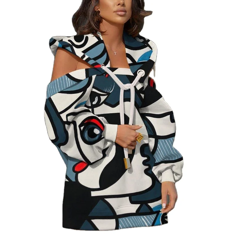 Осенне-зимний новый женский топ с принтом средней и длинной прострочкой свитер с открытыми плечами и капюшоном с длинными рукавами