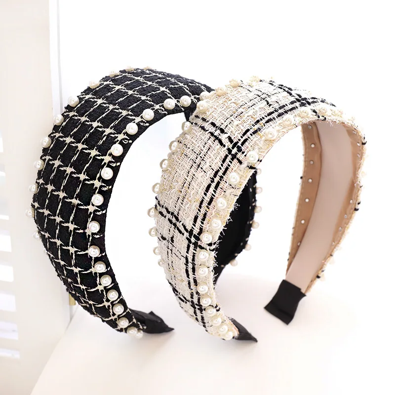 
European And American Nail Pearl New Hairband Classic National Plaid Fabric Headdress Hairpin Korean Female Headband 