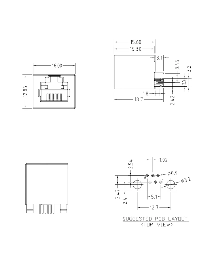 RJ11 Connector H=15.6MM Vertical Dip Type RJ11 6P6C Female Connector