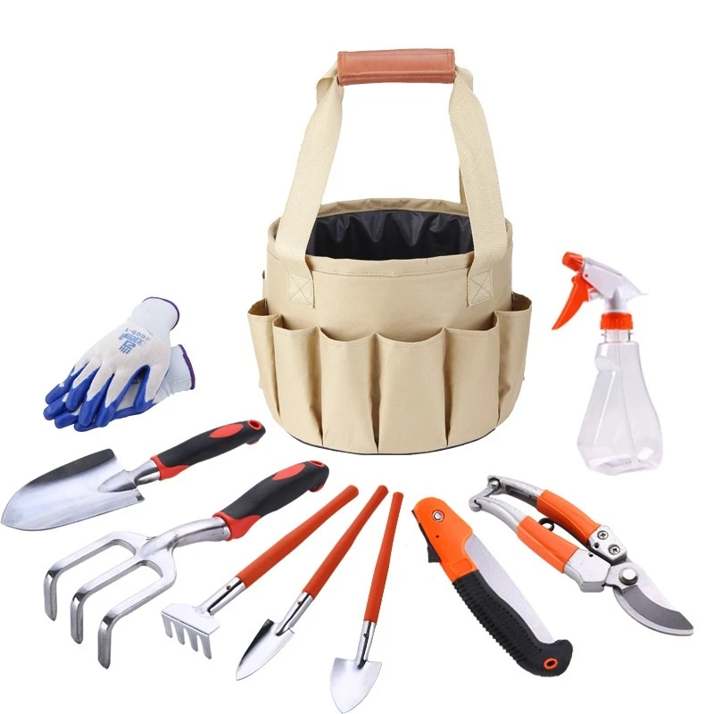 Portable 10-Piece Gardening Tools Kit with Canvas Bag Aluminum Alloy Garden Tool Set OEM Customizable