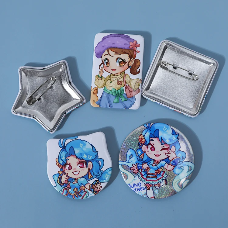 Juno Creative  promotion souvenir custom tinplate star shaped badge buttons with safety pins