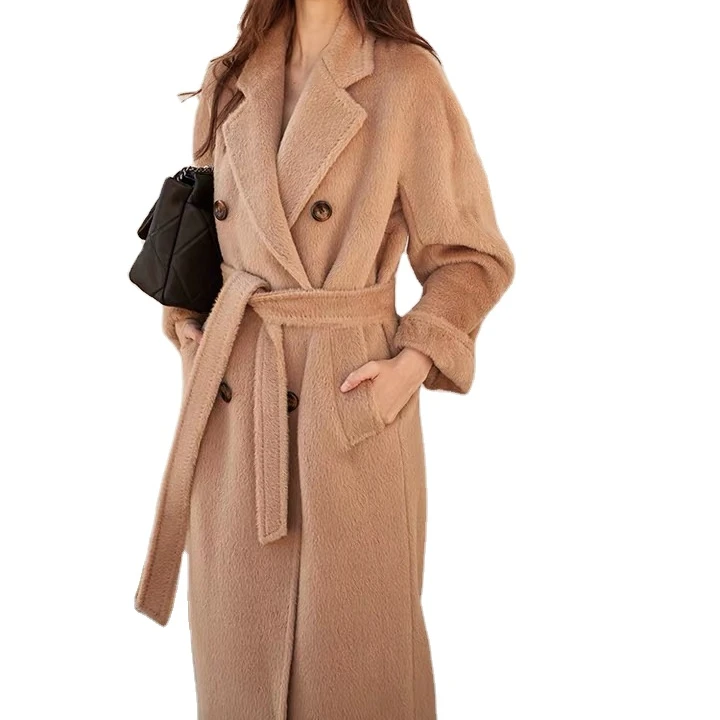Wholesale top quality luxury thick double breasted belted ladies winter long coat alpaca wool cashmere coat women