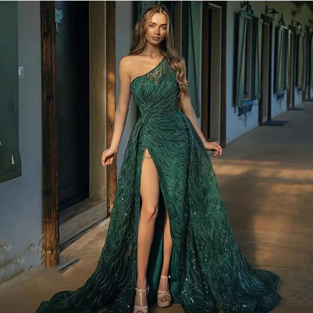 Elegant Female Formal Slit Shiny Dress Women One Shoulder Sequin Evening Green Dresses