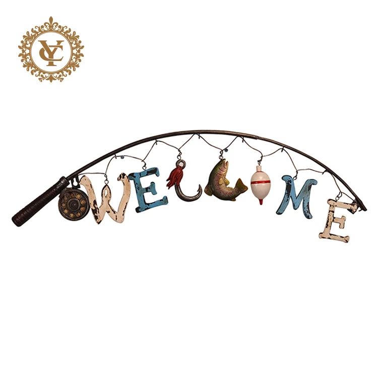 Welcome Card For Iron Fishing Rod Metal Home Decoration 3D Welcome Card Sign For Front Door