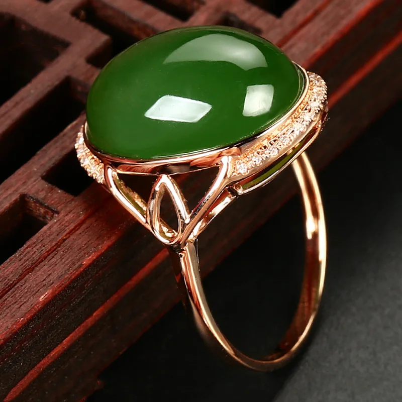 Oval Egg Surface Imitation Hotan Jade Ring Plated With 18K Rose Gold Jasper Open Rings