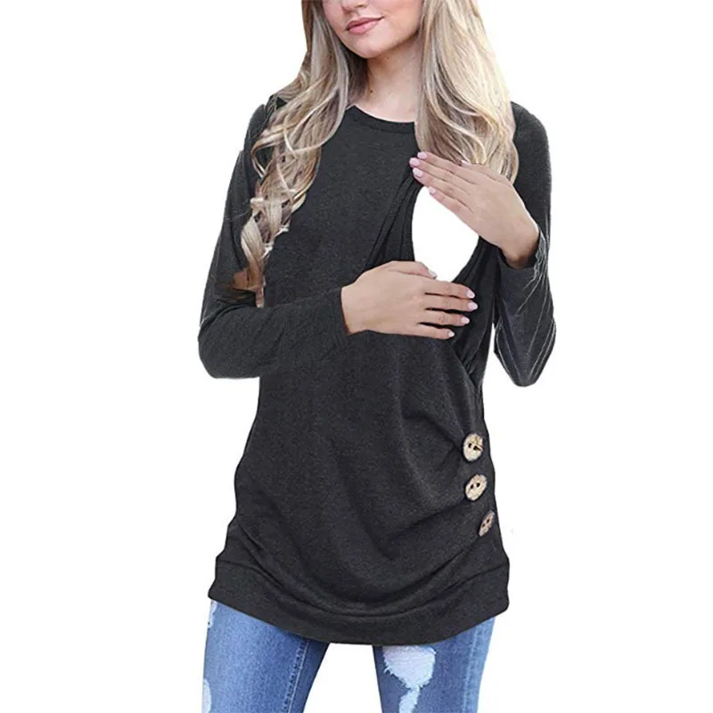 
Popular autumn and winter round neck maternity nursing clothes solid color Raglan long sleeve button care T-shirt 