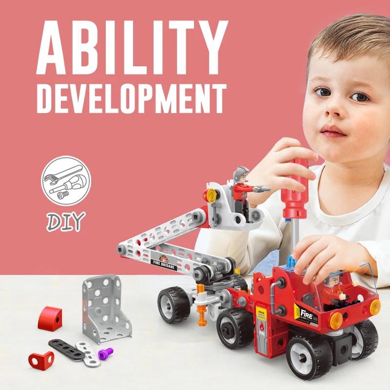 STEM Screw Nut Assembling Fire Fighting Vehicle Helicopter Toys 187PCS Fire Rescue Truck Building Block Set for Kids