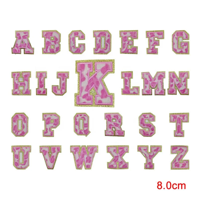 Pink Leopard print glitter letter patches Clothes Cheetah chenille patch letters A-Z iron on letter patches