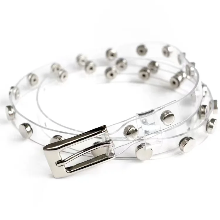 Adjustable transparent ladies belt pvc rivets decorative female thin belt with skirt pants