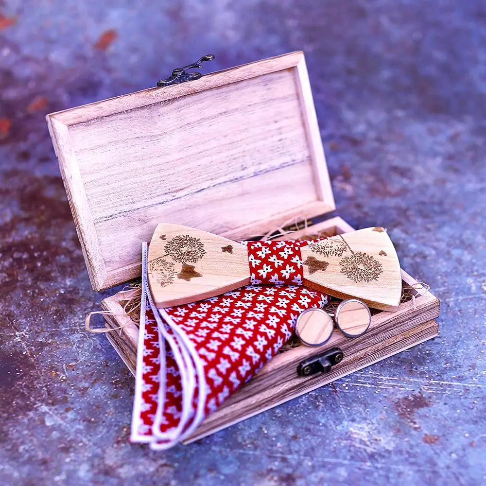 Male and female dandelion carved solid wooden bow tie set explosion celebration gift