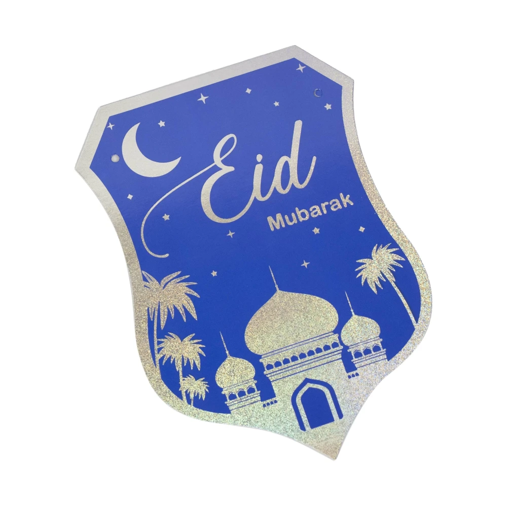 Blue Eid Banner Garland Muslim Eid Party Hanging Decorations Glitter Silver Foiled Eid Mubarak Paper Bunting With Moon Mosque