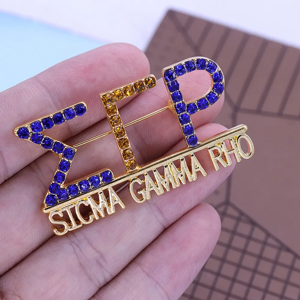 Metal Gold Plating Blue Yellow Diamond Inlay Greece Letters Sigma Gamma Rho Lapel Pin Sorority SGRHO Club Brooches Custom